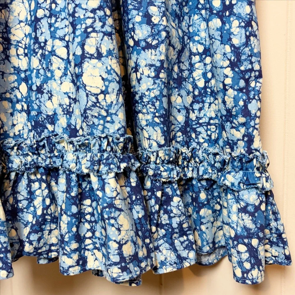 Love The Label Azalea Tiered Ruffle Midi Dress Large Blue Batik Floral Smocked